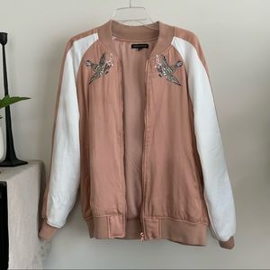 Kendall & Kylie pink white freedom embroidered bomber jacket with birds